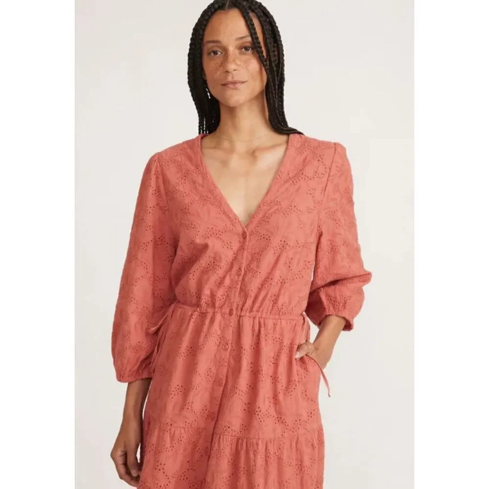 MARINE LAYER Eyelet Willow Midi Dress - Mineral Red Salmon Size Small NWT $168 - Picture 3 of 4